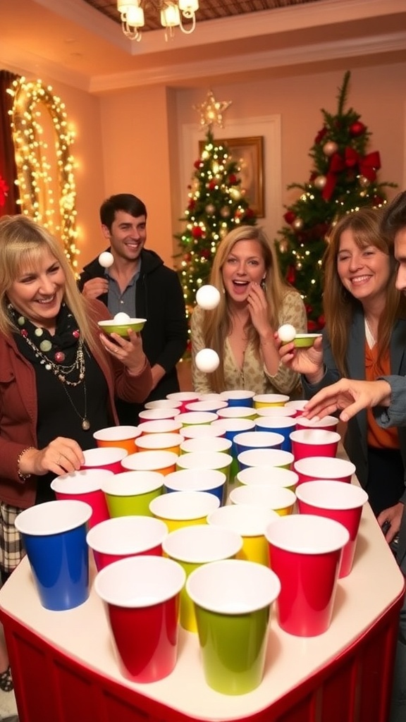 Guests playing the Ball in Cup game at a Christmas party with colorful cups and holiday decorations.